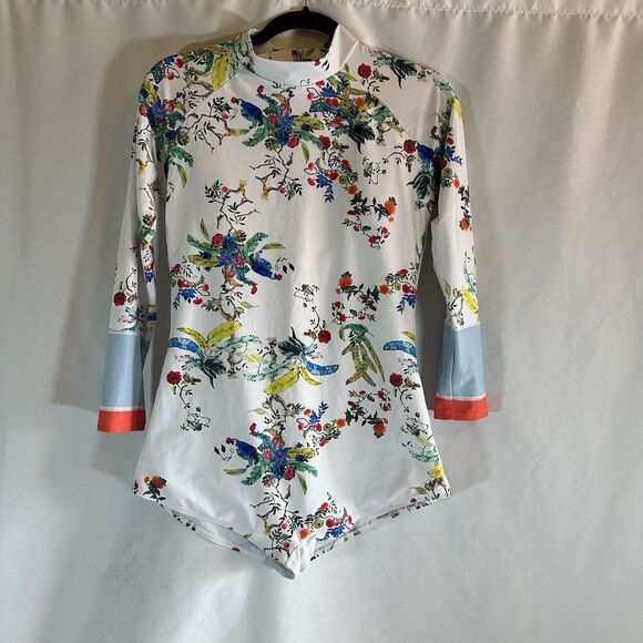 Funny Girl Sz XL One Piece Swimsuit  White & Tropical Zipper Padding Summer - Picture 5 of 14